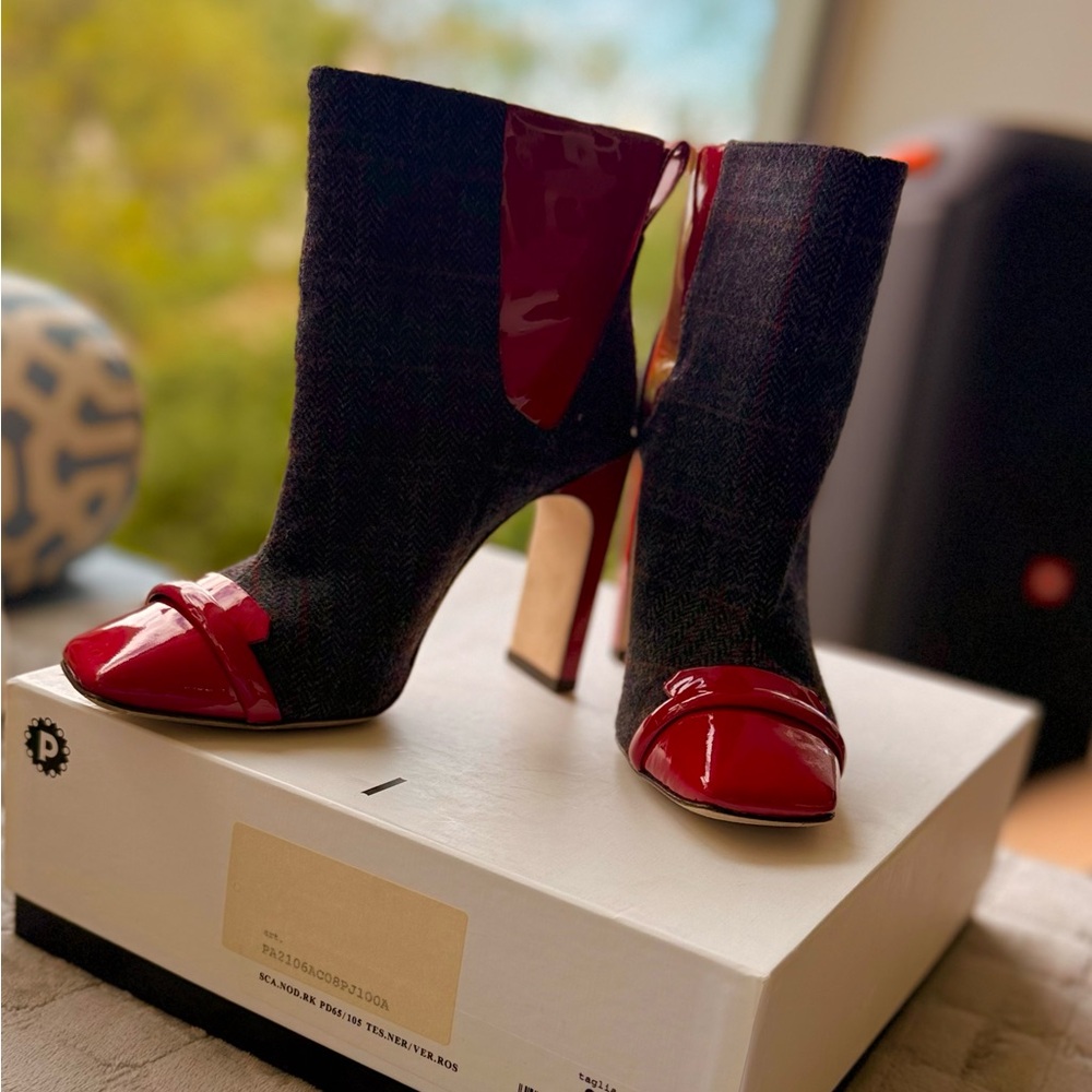 Pollini Red and Black Leather and Material  Heeled Boots